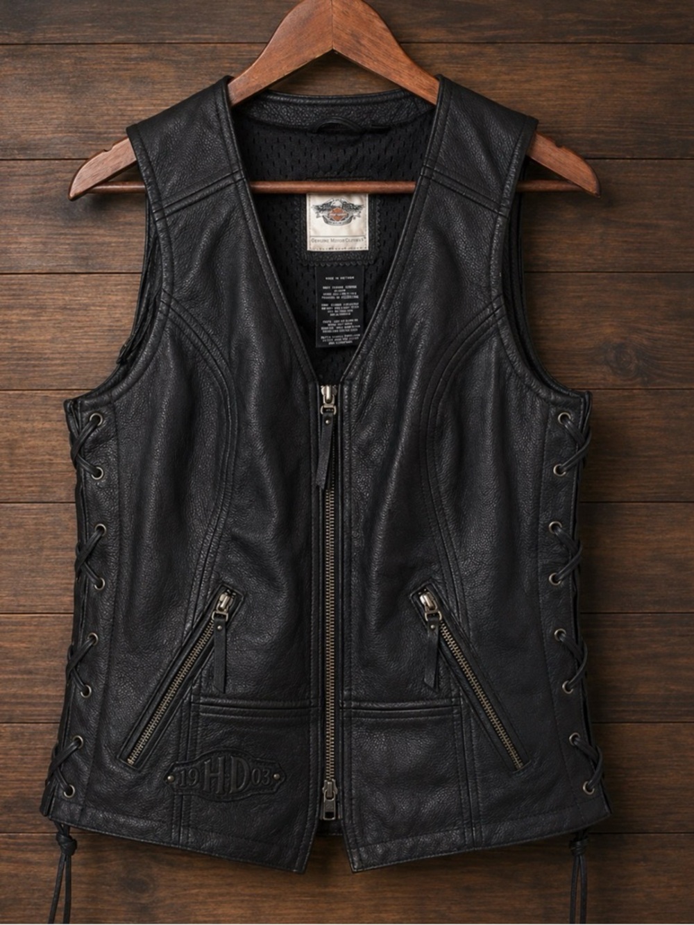 Harley-Davidson Women’s Black Leather Fringe Vest Medium Lace-Up Cowhide